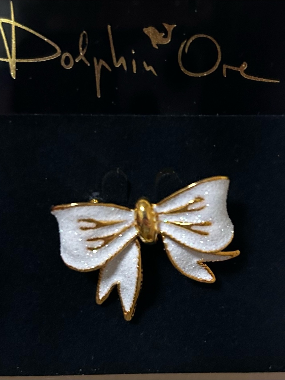 White Enamel Bow Broach with Gold Trim